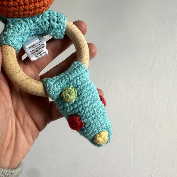 Pebble Hand Knit Turquoise Dinosaur Wooden Teething Ring w/ Rattle - Picture 6 of 10